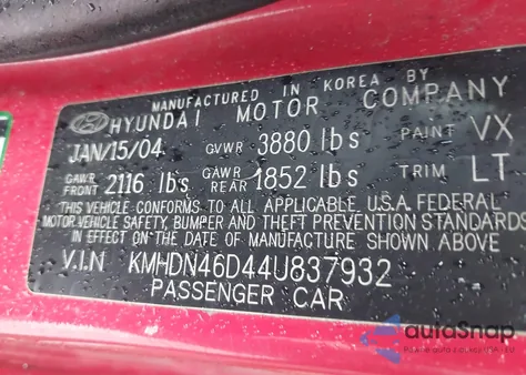 2004 Hyundai Elantra Gls/Gt z USA, uszkodzony, nr VIN KMHDN46D44U837932